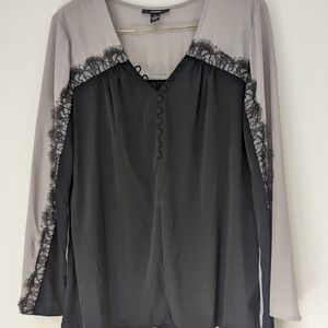Alfani Black & Taupe Blouse with Lace, Long-sleeve, Button-front, Size 14